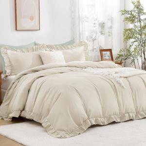 imageAndency Gingham Duvet Cover Full Blue Ruffle Farmhouse Shabby Chic Duvet Cover 3 Pieces Soft PreWashed Microfiber Duvet Cover Set with Zipper Closure amp Corner Ties 79x90InchBeige