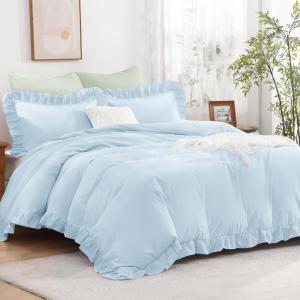 imageAndency Gingham Duvet Cover Full Blue Ruffle Farmhouse Shabby Chic Duvet Cover 3 Pieces Soft PreWashed Microfiber Duvet Cover Set with Zipper Closure amp Corner Ties 79x90InchLight Blue