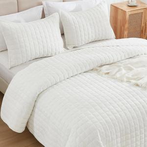 imageAndency Queen Quilt Cream White Velvet Lightweight Plush Plaid Bedspread Soft Luxury Coverlet Quilted Bedding Set 96x90 inch 2 Matching Pillowcases All SeasonCream White