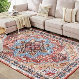 imageAndency Washable Living Room Carpets 8x10 Traditional Oriental Vintage Boho Rug for Bedroom Distressed Home Decor Non Slip Carpet Soft Stain Resistant Bedroom Rug Bright RedBlack