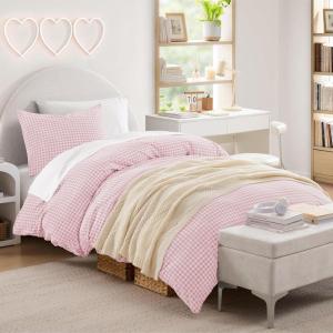 imageAndency Blue Gingham Duvet Cover Full 100 Wash Cotton Linen Like Textured Breathable Comforter Cover Set 3 Piece Classic YarnDyed Checkered Plaid Bedding Set 7990Pink