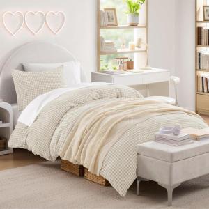 imageAndency Blue Gingham Duvet Cover Full 100 Wash Cotton Linen Like Textured Breathable Comforter Cover Set 3 Piece Classic YarnDyed Checkered Plaid Bedding Set 7990Cream