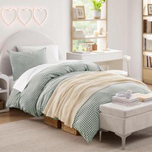 imageAndency Blue Gingham Duvet Cover Full 100 Wash Cotton Linen Like Textured Breathable Comforter Cover Set 3 Piece Classic YarnDyed Checkered Plaid Bedding Set 7990Green