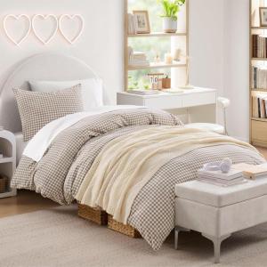 imageAndency Blue Gingham Duvet Cover Full 100 Wash Cotton Linen Like Textured Breathable Comforter Cover Set 3 Piece Classic YarnDyed Checkered Plaid Bedding Set 7990Tan