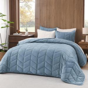 imageAndency Luxurious Velvet Quilts Oversized King 3Piece Herringbone Matelasse Bedspread Quilt Set Lightweight All Season Soft Coverlet Set with 2 Shams Blue LinenBlue Linen