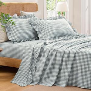 imageAndency Beige Full Size Cotton Gingham Sheets Set Soft Breathable 100 Washed Cotton Cream Plaid Ruffle Sheet for Full Size Bed 3 Pieces Classic Aesthetic Shabby Chic Farmhouse Room Decor Bedding04  Blue
