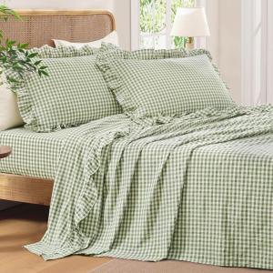 imageAndency Beige Full Size Cotton Gingham Sheets Set Soft Breathable 100 Washed Cotton Cream Plaid Ruffle Sheet for Full Size Bed 3 Pieces Classic Aesthetic Shabby Chic Farmhouse Room Decor Bedding03  Sage Green
