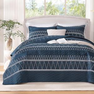 imageAndency Black Oversized Super King Plus Quilt Set 3 Pieces Boho Lightweight Soft Striped Bedspread for All Season 128x120 Printed Bohemian Polyester Reversible Coverlet Comforter Sets02  Navy