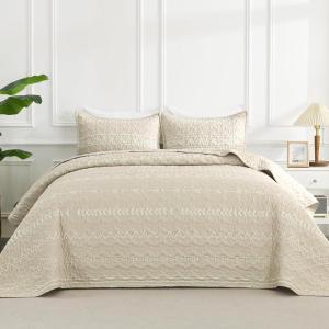 imageAndency Black Oversized Super King Plus Quilt Set 3 Pieces Boho Lightweight Soft Striped Bedspread for All Season 128x120 Printed Bohemian Polyester Reversible Coverlet Comforter Sets10  Beige