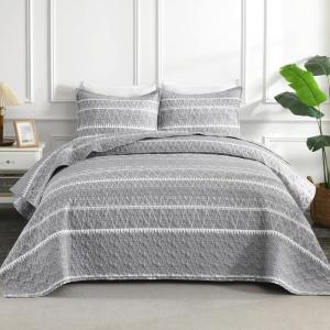 imageAndency Black Oversized Super King Plus Quilt Set 3 Pieces Boho Lightweight Soft Striped Bedspread for All Season 128x120 Printed Bohemian Polyester Reversible Coverlet Comforter Sets01  Grey