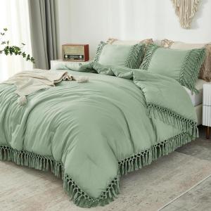 imageAndency Comforter King Size Set Khaki 3 Pieces Boho Tassel Lightweight Fluffy Bedding Comforters amp Sets Soft All Season Bed Set 104x90In Comforter amp 2 PillowcasesSage Green