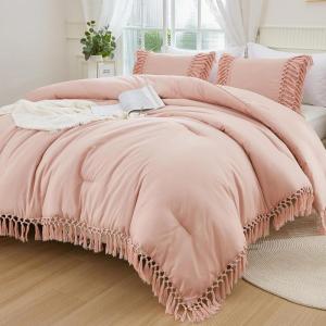 imageAndency Comforter King Size Set Khaki 3 Pieces Boho Tassel Lightweight Fluffy Bedding Comforters amp Sets Soft All Season Bed Set 104x90In Comforter amp 2 PillowcasesPink