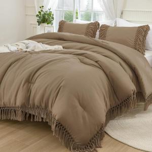 imageAndency Comforter King Size Set Khaki 3 Pieces Boho Tassel Lightweight Fluffy Bedding Comforters amp Sets Soft All Season Bed Set 104x90In Comforter amp 2 PillowcasesTaupe