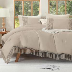 imageAndency Comforter King Size Set Khaki 3 Pieces Boho Tassel Lightweight Fluffy Bedding Comforters amp Sets Soft All Season Bed Set 104x90In Comforter amp 2 PillowcasesKhaki