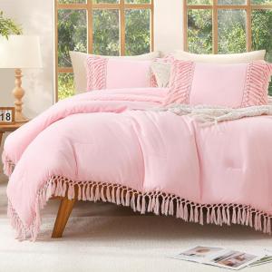 imageAndency Comforter King Size Set Khaki 3 Pieces Boho Tassel Lightweight Fluffy Bedding Comforters amp Sets Soft All Season Bed Set 104x90In Comforter amp 2 PillowcasesLight Pink