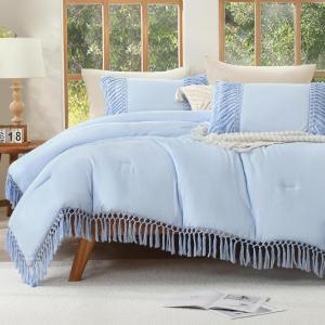 imageAndency Comforter King Size Set Khaki 3 Pieces Boho Tassel Lightweight Fluffy Bedding Comforters amp Sets Soft All Season Bed Set 104x90In Comforter amp 2 PillowcasesLight Blue