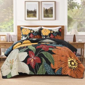 imageAndency Floral Boho Quilt King Size Bedding Set Brown Black 3 Pieces Farmhouse Flower Botanical Summer Bedspreads with 2 Shams Soft Reversible Lightweight Polyester Coverlet Set 106x96Floral Noir