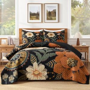 imageAndency Floral Boho Quilt King Size Bedding Set Brown Black 3 Pieces Farmhouse Flower Botanical Summer Bedspreads with 2 Shams Soft Reversible Lightweight Polyester Coverlet Set 106x96Warm Amber