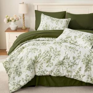 imageAndency Floral Comforter Set Queen Size 7 Pieces Pink Flower Lightweight Bedding Set for All Seasons Soft Vintage Bed in a Bag with Comforter Sheets Pillowcases amp ShamsWhite  Green