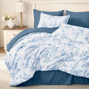 imageAndency Floral Comforter Set Queen Size 7 Pieces Pink Flower Lightweight Bedding Set for All Seasons Soft Vintage Bed in a Bag with Comforter Sheets Pillowcases amp ShamsWhite  Blue