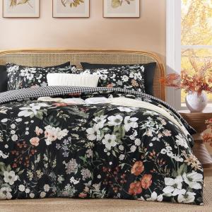 imageAndency Twin Size 5 Piece Reversible Bed in a Bag  Botanical Floral amp Gingham Comforter Set Farmhouse Vintage Rustic ComforterBrownBlack