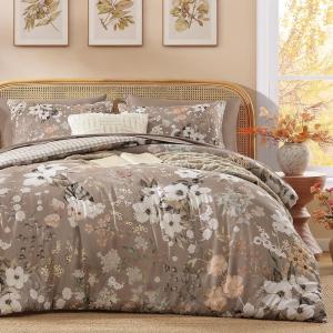 imageAndency Twin Size 5 Piece Reversible Bed in a Bag  Botanical Floral amp Gingham Comforter Set Farmhouse Vintage Rustic ComforterBrownBrown