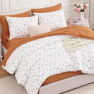 imageAndency Floral Comforter Set 5 Pieces Cute Pink Bedding Sets Coquette Cottagecore Flower Dorm Bedding Soft Lightweight Kids Bed Twin Comforter with Sheets Pillowcases amp Shams for Teen GirlsOrange