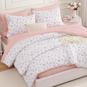 imageAndency Floral Comforter Set 5 Pieces Cute Pink Bedding Sets Coquette Cottagecore Flower Dorm Bedding Soft Lightweight Kids Bed Twin Comforter with Sheets Pillowcases amp Shams for Teen GirlsPink