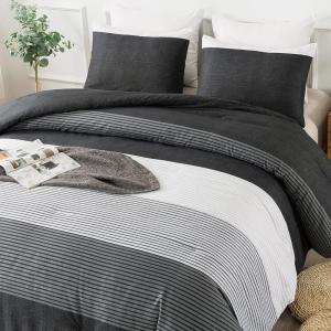 imageAndency Stripe Comforter Set Full Size 79x90 Inch 3 Pieces Teal Patchwork Striped Bed Set Soft Down Alternative Bedding Set with Corner LoopsBlack Gray