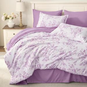 imageAndency Floral Comforter Set Full Size 7 Pieces Blue Flower Lightweight Bedding Set for All Seasons Soft Vintage Bed in a Bag with Comforter Sheets Pillowcases amp ShamsWhite  Purple