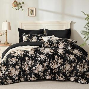imageAndency Floral Comforter Set Full Size 7 Pieces Blue Flower Lightweight Bedding Set for All Seasons Soft Vintage Bed in a Bag with Comforter Sheets Pillowcases amp ShamsBlack