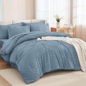 imageAndency King Size Comforter Set 7 Pieces Ivory  Bed in a Bag King Boho Lightweight Fluffy Tufted Bedding Sets with Quilt Comforter Sheets Pillowcases amp ShamsGrayish Blue