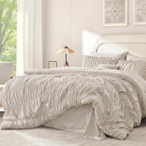 imageAndency Ruched Full Size Comforter Sets Linen 7 Pieces Ruffle Bed Set in a Bag Shabby Chic Pleat Bedding Set with Comforter Sheets Pillowcase amp Sham Lightweight Soft All SeasonPink
