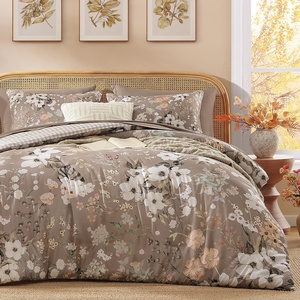 image:imageAndency Queen Size 7 Piece Reversible Bed in a Bag  Botanical Floral amp Gingham Comforter Set Farmhouse Vintage Rustic ComforterSageBrown