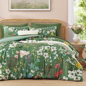 image:imageAndency Queen Size 7 Piece Reversible Bed in a Bag  Botanical Floral amp Gingham Comforter Set Farmhouse Vintage Rustic ComforterSageForest Green