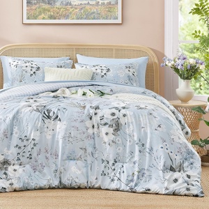 image:imageAndency Queen Size 7 Piece Reversible Bed in a Bag  Botanical Floral amp Gingham Comforter Set Farmhouse Vintage Rustic ComforterSageLight Blue