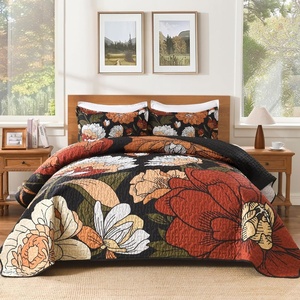 image:imageAndency Floral Boho Quilt Super King Plus Size Bedding Set Brown Black3 Pieces Farmhouse Flower Botanical Bedspreads with 2 Shams Soft Reversible Polyester Coverlet Set for All Season 128x120Vintage Garden