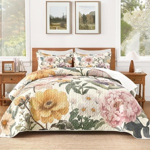 image:imageAndency Floral Boho Quilt Super King Plus Size Bedding Set Brown Black3 Pieces Farmhouse Flower Botanical Bedspreads with 2 Shams Soft Reversible Polyester Coverlet Set for All Season 128x120Cream Blossom
