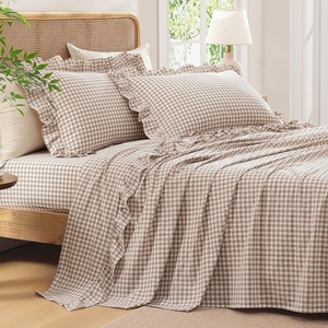 image:imageAndency King Size Gingham Ruffle Sheet Sage Green 4 Pieces 100 Yarn Dyed Cotton Sheet Sets Classic Plaid Decorative Bedding 2 Pillowcase amp 1 Flat Sheet amp 1 Fitted SheetTaupe
