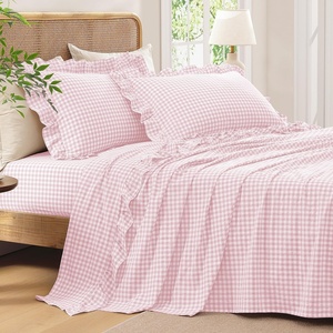 image:imageAndency King Size Gingham Ruffle Sheet Sage Green 4 Pieces 100 Yarn Dyed Cotton Sheet Sets Classic Plaid Decorative Bedding 2 Pillowcase amp 1 Flat Sheet amp 1 Fitted SheetPink