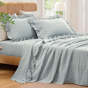 image:imageAndency King Size Gingham Ruffle Sheet Sage Green 4 Pieces 100 Yarn Dyed Cotton Sheet Sets Classic Plaid Decorative Bedding 2 Pillowcase amp 1 Flat Sheet amp 1 Fitted SheetBlue