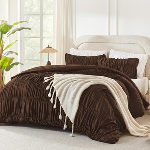 image:imageAndency Ruched Burgundy Queen Size Comforter Set Shabby Chic Pleated Bedding Sets 3 Pieces Lightweight Soft Boho Ruffle Bed Set for Girls Kids Women All SeasonBrown