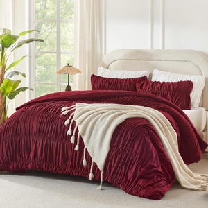 image:imageAndency Ruched Burgundy Queen Size Comforter Set Shabby Chic Pleated Bedding Sets 3 Pieces Lightweight Soft Boho Ruffle Bed Set for Girls Kids Women All SeasonBurgundy