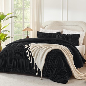 image:imageAndency Ruched Burgundy Queen Size Comforter Set Shabby Chic Pleated Bedding Sets 3 Pieces Lightweight Soft Boho Ruffle Bed Set for Girls Kids Women All SeasonBlack