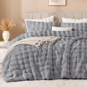 image:imageAndency Fluffy Full Size Comforter Set Cream White 3 Pieces Winter Faux Rabbit Fur Bubble Marshmallow Plush Bedding Comforter Set Mellow Warm Soft Thick Heavy Puffy Comforters Bed SetLight Grey