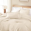 image:imageQueen Comforter Set Pink Bow amp Ruffle Bedding 3 Pieces  White with Green Leaf Floral Print Farmhouse Romantic Bedding Set90x90 InchBeige