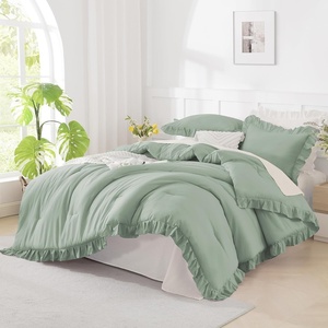 image:imageQueen Comforter Set Pink Bow amp Ruffle Bedding 3 Pieces  White with Green Leaf Floral Print Farmhouse Romantic Bedding Set90x90 InchGreen