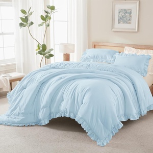 image:imageQueen Comforter Set Pink Bow amp Ruffle Bedding 3 Pieces  White with Green Leaf Floral Print Farmhouse Romantic Bedding Set90x90 InchLight Blue