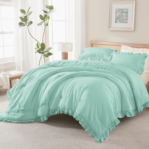 image:imageQueen Comforter Set Pink Bow amp Ruffle Bedding 3 Pieces  White with Green Leaf Floral Print Farmhouse Romantic Bedding Set90x90 InchMint Green