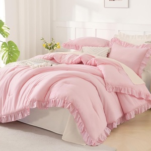 image:imageQueen Comforter Set Pink Bow amp Ruffle Bedding 3 Pieces  White with Green Leaf Floral Print Farmhouse Romantic Bedding Set90x90 InchPink